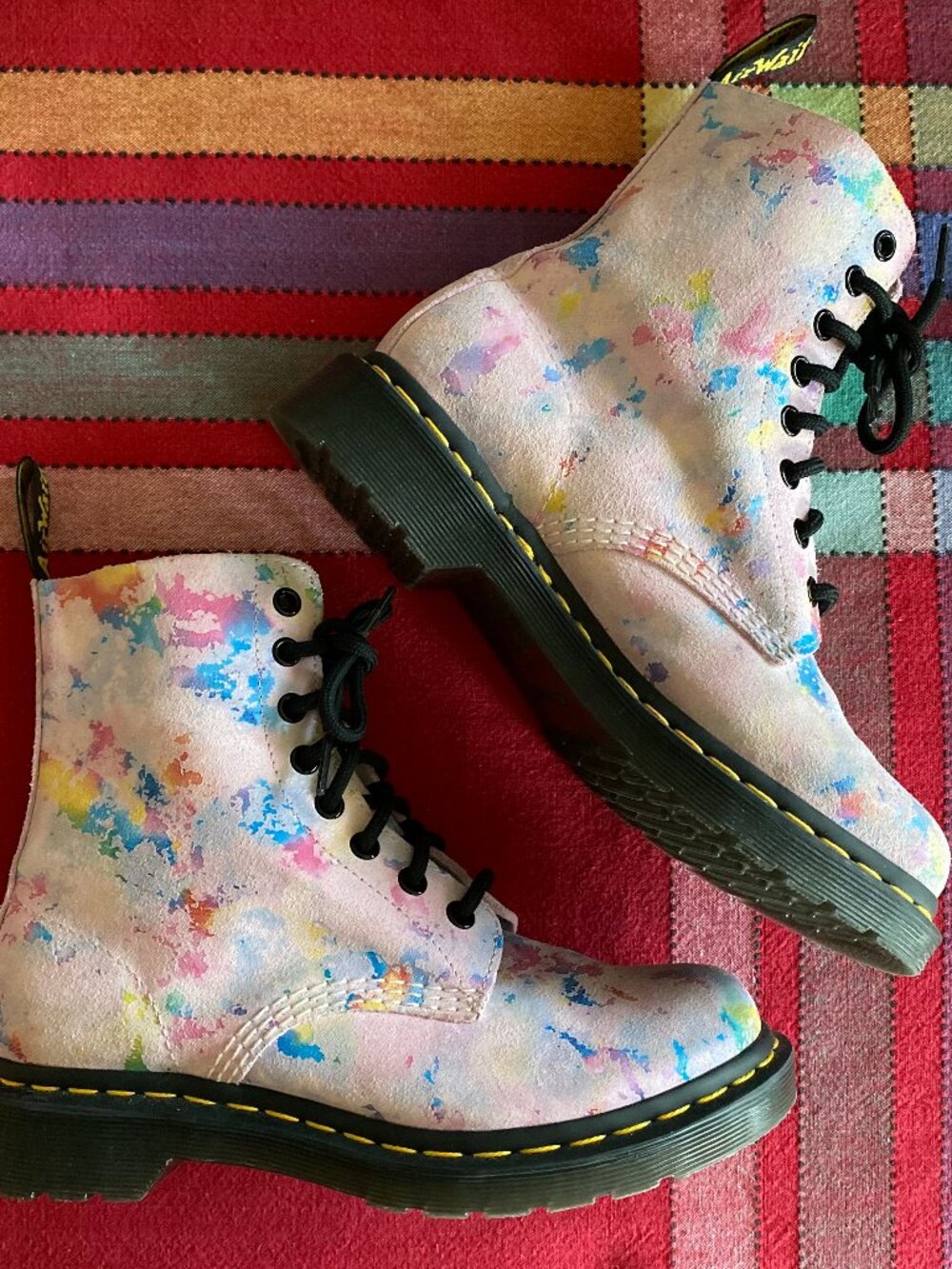 Dr. Martens 1460 Pascal Confetti Suede Pink Lace Up Boots - Paint Splatter